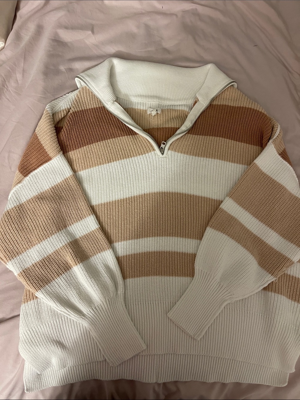 aerie Striped Half-Zip Sweater in Cream & Tan
